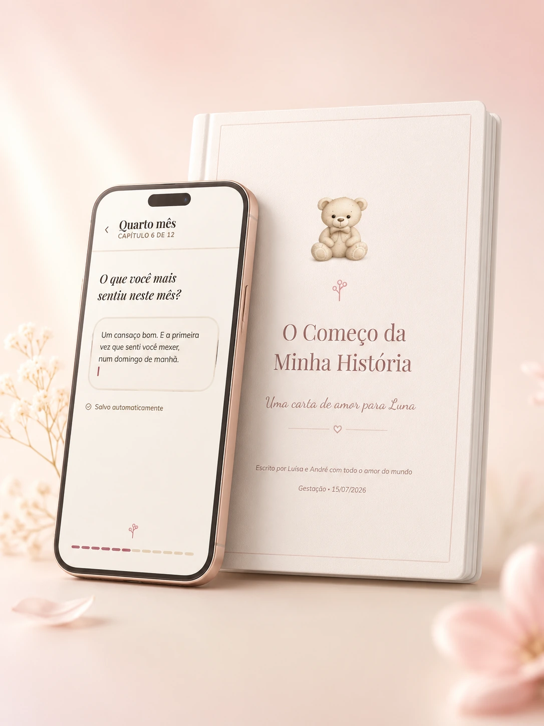 O aplicativo MemoBaby aberto no capítulo Quarto mês, ao lado do livro impresso da gestação